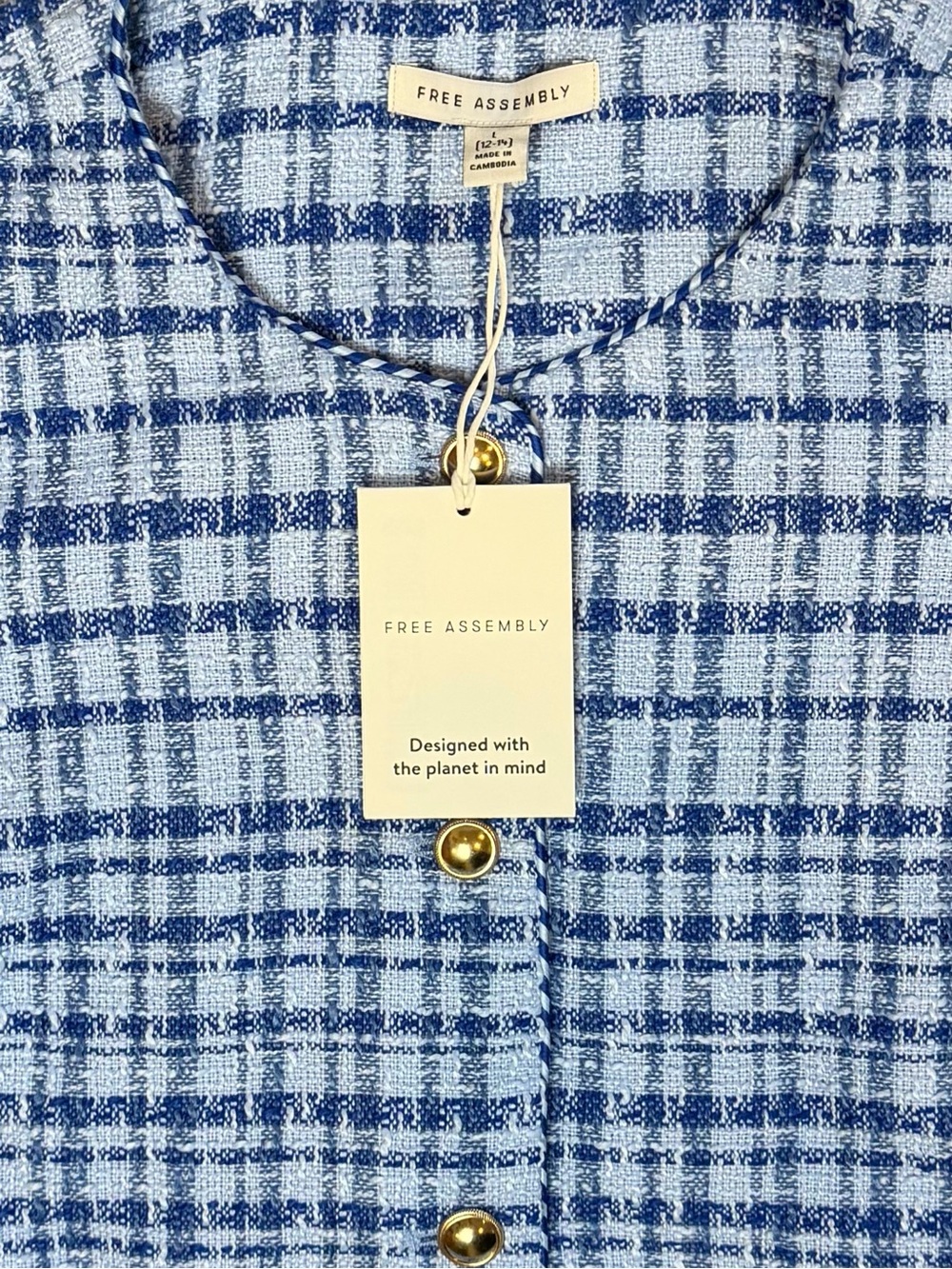 Free Assembly Blue Tweed Vest NWT Size Large | Sleeveless | Preppy | Chic | Gold - Picture 6 of 9